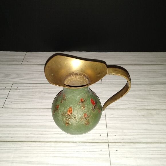 Vintage Enameled Brass Cloisonne Small Green Pitcher Home Decor 5in Tall - Picture 1 of 12